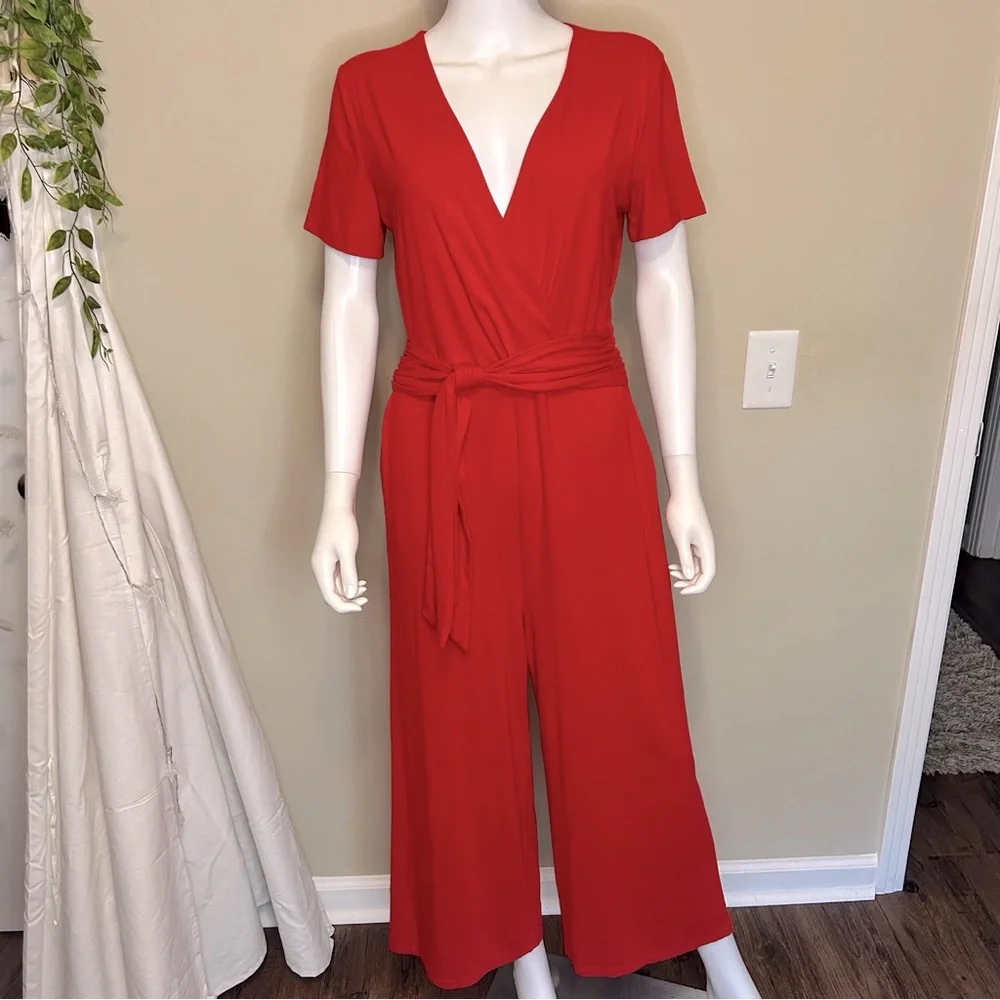 Ann Taylor Red Wrap Top Wide Leg Jumpsuit Romper - Picture 3 of 10